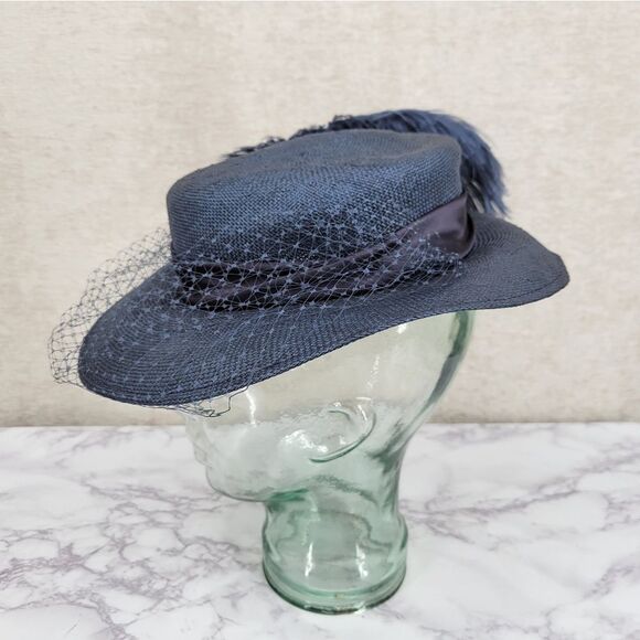 Mr Charles Vintage Navy Feathered Women's Hat With Net Veil Church Derby Straw - Picture 8 of 14